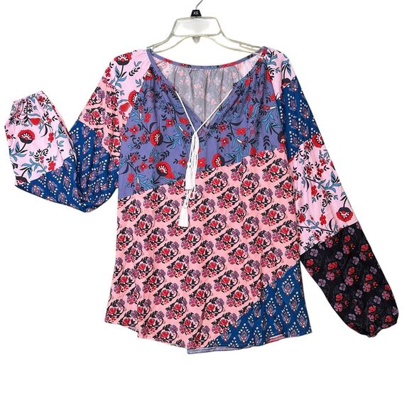 Patchwork Boho Blouse Women's Sz XL Floral Hippie Navy Multi Peasant Fall Colors - Picture 2 of 11